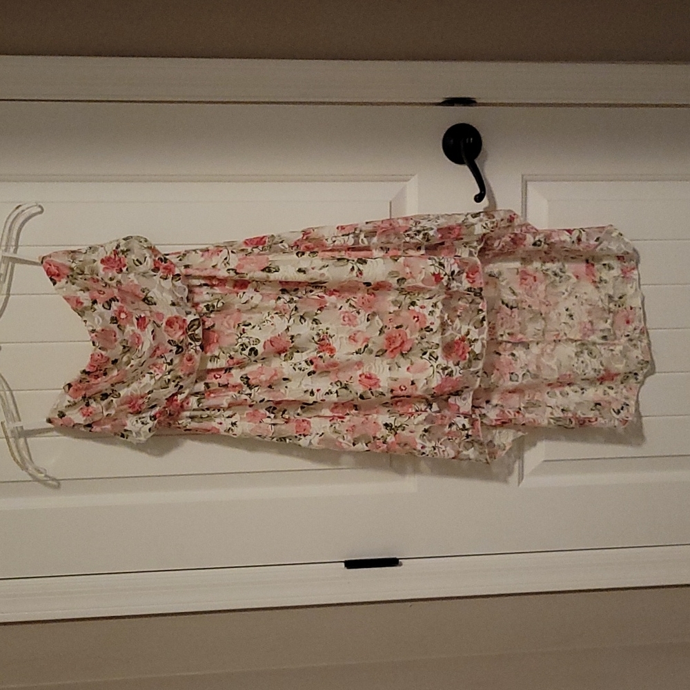 Strapless, pink rose lace highlow dress, M